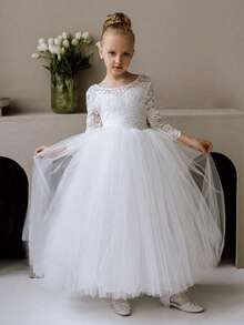 Tween Girl Lace Trim Deep V Back Mesh Princess Dress, Suitable For Birthday Party, Easter, Wedding, Prom, Holiday Occasions - White - View 2