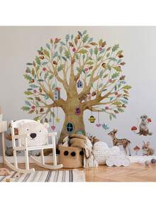 BRUP 1/2/3 Blatt/Set (Große Größe) Wald Tier Wandaufkleber mit Kiefer Baum und süßen Tieren, abnehmbare Tier Aufkleber zum Aufkleben für Badezimmer, Wohnzimmer, Kinderzimmer, Babyzimmer Dekoration, verspieltes Waldthema Kunst - Verschiedenfarbig - Übersicht 8