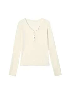 Slim Fit V-Neck Button Knit Sweater, Elegant And Slimming - Apricot - View 4