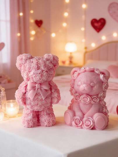 1pc Handmade Soy Wax Rose Bear Scented Candle, Long-Lasting Fragrance, Heart-Shaped Creative Candle, Suitable As Sweet Gift For Valentine's Day, Mother's Day, Easter, Can Also Be Used As Desktop Decor Or Souvenir