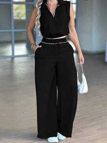 春夏女士简约通勤休闲两件套，无袖高腰翻领上衣，带口袋和仿抽绳两件套 - 黑色 - 查看 1