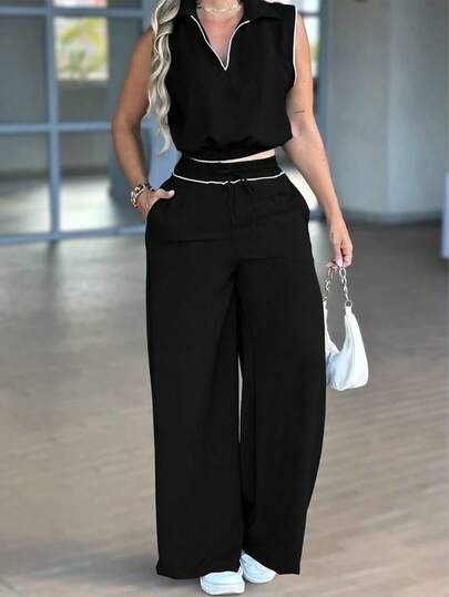 Two Pieces Set Spring/Summer Women's Minimalist Commuter Casual Set Sleeveless Collared Top With High Waist, Pockets, And Faux Drawstring Two Pieces Set