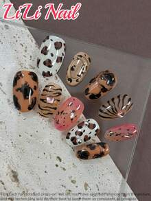 10片手工亚克力美甲贴纸，适合短指甲，椭圆形，棕色、粉色、时尚款、豹纹、斑马纹、琥珀色，镶嵌水钻，3D凝胶美甲，可爱美甲，秋季美甲贴纸，可重复使用美甲套装，含美甲工具，适合日常通勤、派对和办公场合，精美礼品 - 彩色 - 查看 3