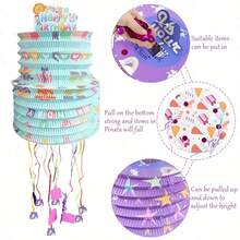 1个彩色奇幻主题可折叠迷你拉绳皮纳塔，适合生日装饰、狂欢节庆典、墨西哥节日——糖果粉碎游戏和主题活动装饰