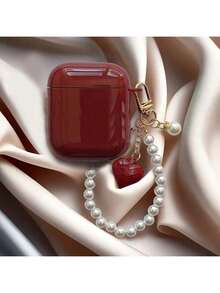 亮面酒红色TPU耳机保护套，饰有仿珍珠链和3D爱心图案，兼容 1/2/3/4、Pro 3/Pro 2，防刮擦、防震、柔软，是母亲节、情人节、生日、送给女朋友的绝佳礼物 - 酒紅色 - 查看 3