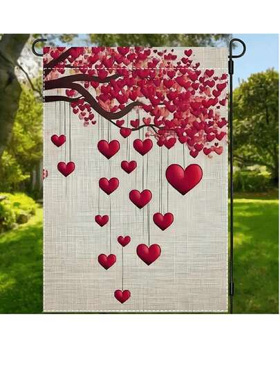 1pc Valentine's Day Decorative Garden Flag, Seasonal Outdoor House Flag With Tree And Heart Design, Farmhouse Yard Flag, Holiday Home Decor Double-Sided Waterproof Flag 12x18 Inches
