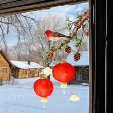 中国新年红鸟灯笼窗贴，雪景氛围窗饰贴纸，中式节日窗贴/墙贴，易于粘贴 - 彩色 - 查看 4