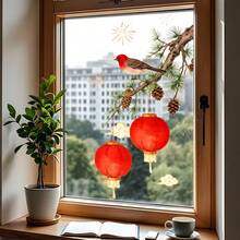 中国新年红鸟灯笼窗贴，雪景氛围窗饰贴纸，中式节日窗贴/墙贴，易于粘贴 - 彩色 - 查看 1