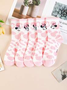 Disney 1 Pair/5 Pairs/10 Pairs Women's Mid-Calf Socks - Minnie Mouse Pattern, Pink Cow Print Mid-Calf Socks, Sweet & Cool High Elasticity Sports Mid-Calf Socks, Versatile Style, Suitable For Daily Wear And As Holiday Gifts - Multicolor - View 11
