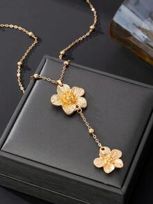 1pc Elegant Vacation Style Gold Textured 5-Petal Flower Pendant Necklace, Suitable For Vacation, Travel, Music Festivals (Does Not Include Gift Box. Due To Handmade Cutting, The Number Of Beads On The Chain Is Random, But The Final Length Is Fixed And Will Not Affect The Wearing Effect) - Yellow Gold - View 3