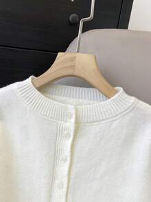 JIANHU Solid Color Drawstring Knit Cardigan - Fall/Winter Round Neck Button-Up With Contrast Lace Peplum Hem | Cozy Coffee Date & Christmas Party | Warm And Versatile For Christmas, New Year Party & Daily White - White - View 3