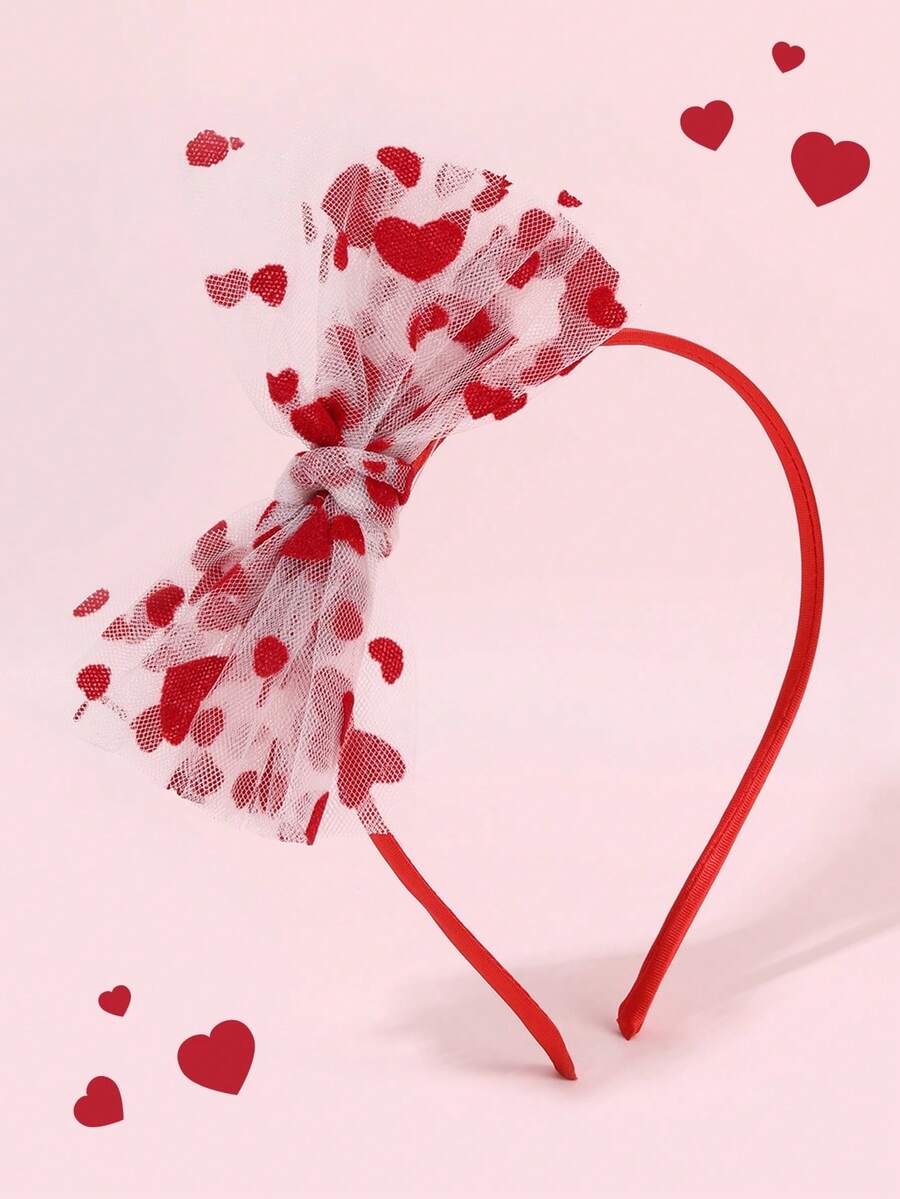 1个情人节红色爱心装饰蝴蝶结发箍，可爱网纱发带，优雅时尚派对头饰，女孩礼物，情人节发饰，日常女孩发饰 - 彩色 - 查看 1
