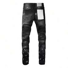 2026 Purple Men's Streetwear Paint Splatter Elastic Slim Leg Jeans - 灰色 - 查看 3