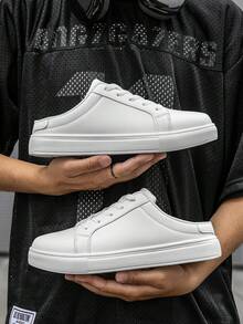 Men's Versatile Casual All-White Leather Lace-Up Sport Shoes, Fashion Walking Slip-On Design, Easy To Wear And Take Off - White - View 9