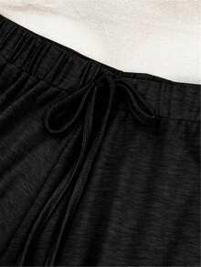 2pcs Plus Size Women Casual Solid Color Drawstring V-Neck Knitted Shorts Set, Short Sleeve Hooded Sweatshirt Top With Ribbed Hem, Paired With Elastic Shorts, Suitable For Elegant Leisure, Sports & Daily Wear In Spring/Summer/Autumn