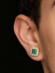 1 Pair Men's Earrings, Copper Inlaid Green Zirconia Square Earrings, Daily Accessory Gift - Square Earrings - View 3