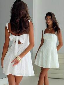 Awevudst Women's Flower Embroidery Boho Mini Dress Backless Self-Tie Bowknot Square Neck Wide Straps Ruffle Mini Dresses Sleeveless Summer Vacation - 白色 - 查看 1