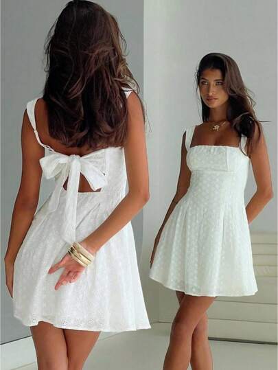 Awevudst Women's Flower Embroidery Boho Mini Dress Backless Self-Tie Bowknot Square Neck Wide Straps Ruffle Mini Dresses Sleeveless Summer Vacation