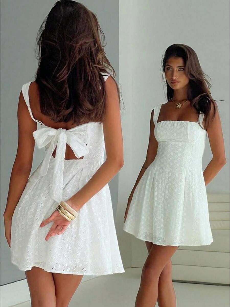 Awevudst Women's Flower Embroidery Boho Mini Dress Backless Self-Tie Bowknot Square Neck Wide Straps Ruffle Mini Dresses Sleeveless Summer Vacation - 白色 - 查看 1