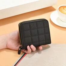 女士拉链小菱形钱包刺绣皮革手拿包女士短款迷你钱包卡包女士钱包小钱包可爱钱包女士钱包女士零钱包 - 黑色 - 查看 2