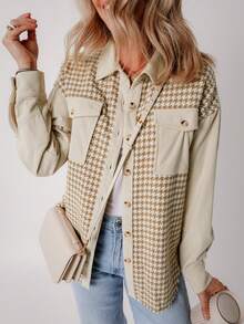 Astylish Áo khoác sơ mi ấm áp bằng vải nhung kẻ sọc Houndstooth chắp vá dành cho nữ - Màu be - Xem 3