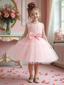1件女童纯色蝴蝶结装饰薄纱泡泡裙连衣裙，配发带，可爱又优雅