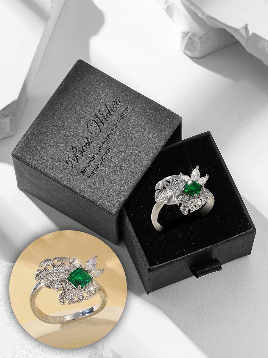 Gift Box Luxury Leaf-Shaped Emerald Ring, Shiny Cubic Zirconia Jewelry For Party And Banquet, Ideal Gift Choice For Holidays - Silver - View 1