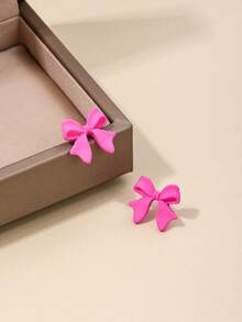 1 Pair Fashion Enameled Lotus Pink Bow Earrings, Suitable For Wedding Season/Valentine's Day - Hot Pink - View 3