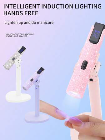 [3 Color Options] 2-In-1 LED Nail Lamp With Rhinestones + Stand, Manicure Lamp Holder, USB Rechargeable, Lithium Battery, Portable Curing Light For Gel Nails And Toenails, Suitable For Personal Care And Salons