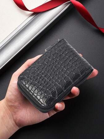 HOVI'S Herrkorthållare i PU med krokodilmönster och dragkedja - Ultratunn kompakt plånbok med flera kort och transparent ID-fönster