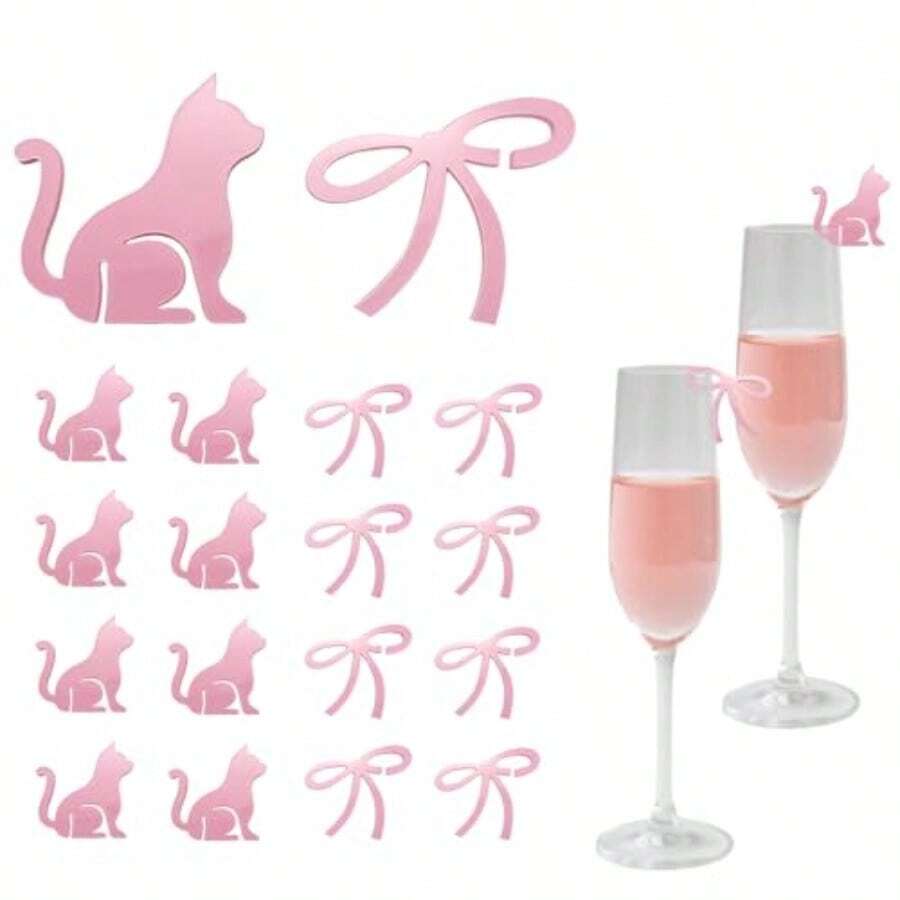 20 Pcs Bow Wine Glass Markers Cat Drink Charms Pink Bowknot Drink Tag Coquette Birthday Wedding Bachelorette Tasting Party Decoration - 如圖 - 查看 1