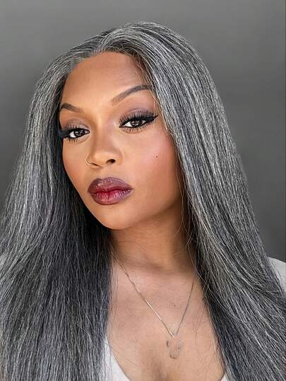 Peluca sintética de cabello liso y sedoso de 22 pulgadas con mezcla de color gris, tipo bob con encaje frontal, con el encaje previamente desbastado y cortado, lista para usar para mujeres