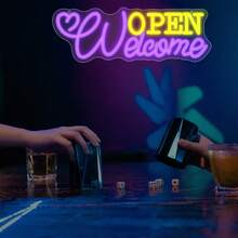 1 Stück Willkommen Offen Neon Schild, Geschäft Willkommen Schild, LED Schild, Kommerzielle Neon Wanddekoration, Neon Licht Offen Schild mit USB-Stromversorgung, für Gewerbe, Bar, Geschäft, Salon, Hotel - Lila + Zitronengelb - Übersicht 6