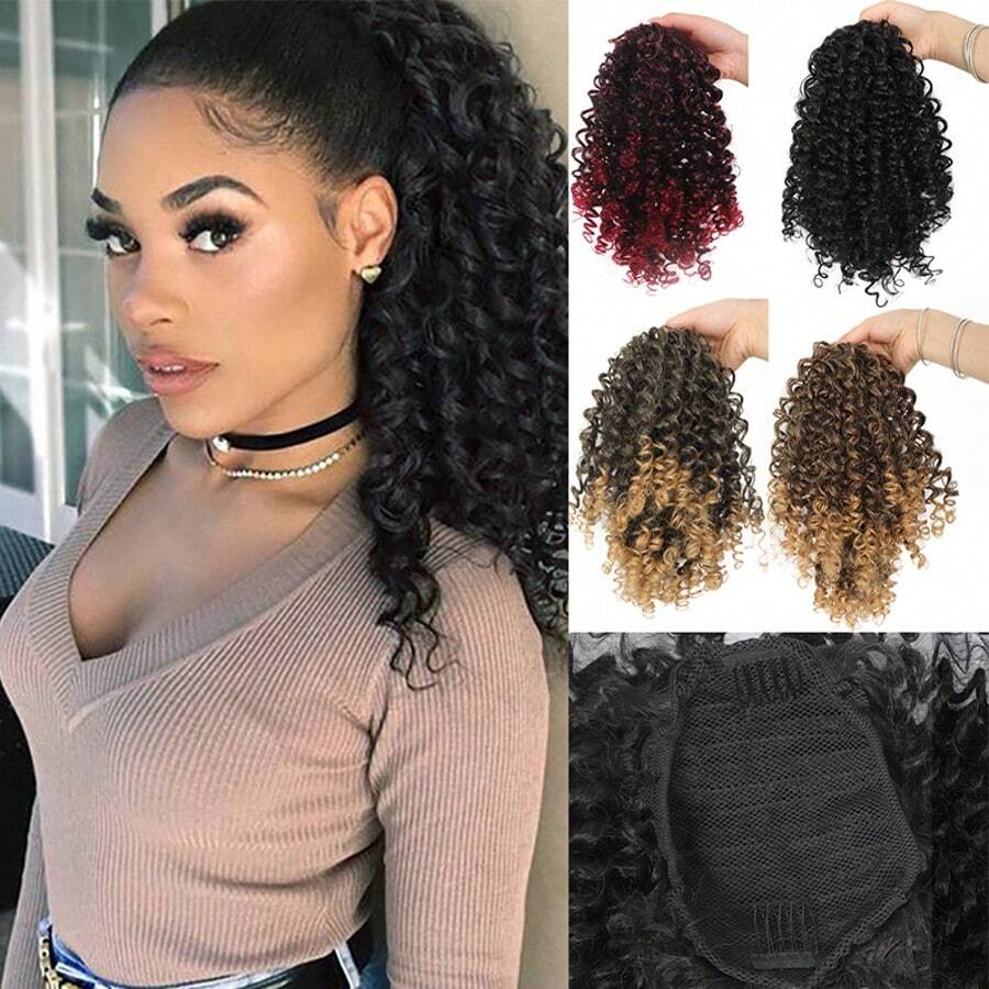 14英寸女士卷发马尾接发 - 蓬松合成非洲卷发抽绳马尾，带两个夹子，卷发，适合各种时尚发型，马尾接发 - 彩色 - 查看 1