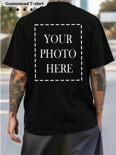 Customized Personalized Boyfriend Style Men's Casual Loose Crew Neck T-Shirt - Add Your Own Photo (Family, Selfie, Pet, Friend, Couple, Girlfriend), Gift/Holiday/Festival Fashion, Streetwear, Casual, Minimalist Personalized, Customized, Unique Men's Clothing, Spring/Summer/Autumn, Capsule Wardrobe, Men's Basics/Streetwear, Ideal Gift For Him