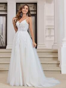 撞色吊带连衣裙，饰有闪亮刺绣珠饰，优雅新娘婚纱，性感妩媚的网纱贴花系带设计，适合所有季节 - 米色 - 查看 5