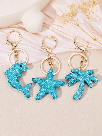 Sommarnyckelring i havsstil, hänge med sjöstjärna/delfin/kokosträd i blå strass, söt bilnyckelring som present