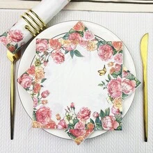 20张/40张/60张/套 柔软方形蝴蝶花卉餐巾，双层，展开尺寸33厘米*33厘米，适用于：婚礼、下午茶、生日派对装饰、派对装饰、派对用品、节日装饰、节日用品 - 彩色 - 查看 3