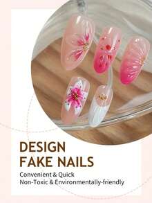 10pcs French Tip Press On Nails Long Almond Press On Nails Pink Gradient 3D Flower Decoration And Water Ripples Design Polka Point With Peal Rhinestone Sweet Style Surface Glossy Design Full Cover Fake Nails For Women And Girls Daily Wear Nail Supplies - Multicolor - View 3