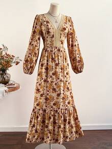 Rusttydustty 女士复古印花V领荷叶边灯笼袖连衣裙 - 桔紅色 - 查看 2