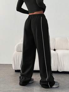 Pantalones de chándal sueltos y casuales de unicolor con cintura elástica, para invierno - Blanco y Negro - Ver 5
