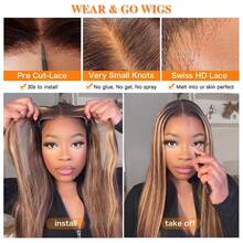 5*5 Wear And Go 4/27 Honungsblond Lång 8-34 Tum Peruk Människohår Frontalt Hår 13x4 HD Lace Front Peruker 200% Täthet Brasilianskt Virgin Förskuret Lace Människohår Frontalt Hår Rakt Förplockat Med Babyhår Blandat Hår För Kvinnor Dagligt Fest Julbruk - S4/27 - Visa 4