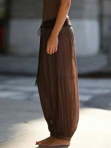 Womens Lantern Pants Casual Loose Fit Stylish Solid Color Drawstring Mid Rise Trousers - Light Brown - View 2