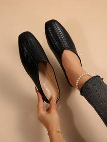 Black Square Toe Retro Loafers, Square Toe Design, Suitable For All Seasons, Fashionable And Versatile - Black - View 1