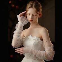 1 Pair Bridal Wedding Dress Lace French Short Chiffon Transparent Delicate Lace Imitation Pearl Gloves - Article 15 - View 8