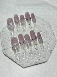 10pcs 3D Stereoscopic Wisteria Flower Handmade Press-On Nails, Shiny Purple & Pink Cat Eye Fake Nails, Pearl Butterfly Petal Long Nail Art Supplies (1pc Jelly Sticker + 1pc Nail File) - Mauve Purple - View 12