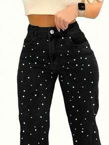 Sweet & Cool Pearl Embellished Washed Straight Leg Jeans - Women's Mid Rise Non-Stretch Denim - Black - View 5
