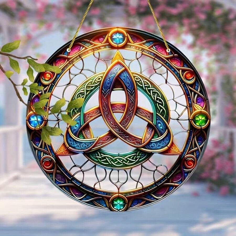 1pc, Celtic Knot Suncatcher,Stained Window Hanging, Geometric Decor, Mystical Room Decor, Window Wall Porch Cultural Home Rustic Room Room Bedroom Home Garden Indoor Decor, Gifts For Celtic Lovers Men Family Sister Mom Women, Unique Gift