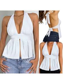 Womens Open Back Halter Tops Summer Fashionable Solid Color Split Front Going Out Vest - White - View 5