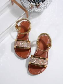 儿童金色亮片凉鞋，女童露趾软底亮片装饰休闲拍照鞋 - 香檳色 - 查看 4